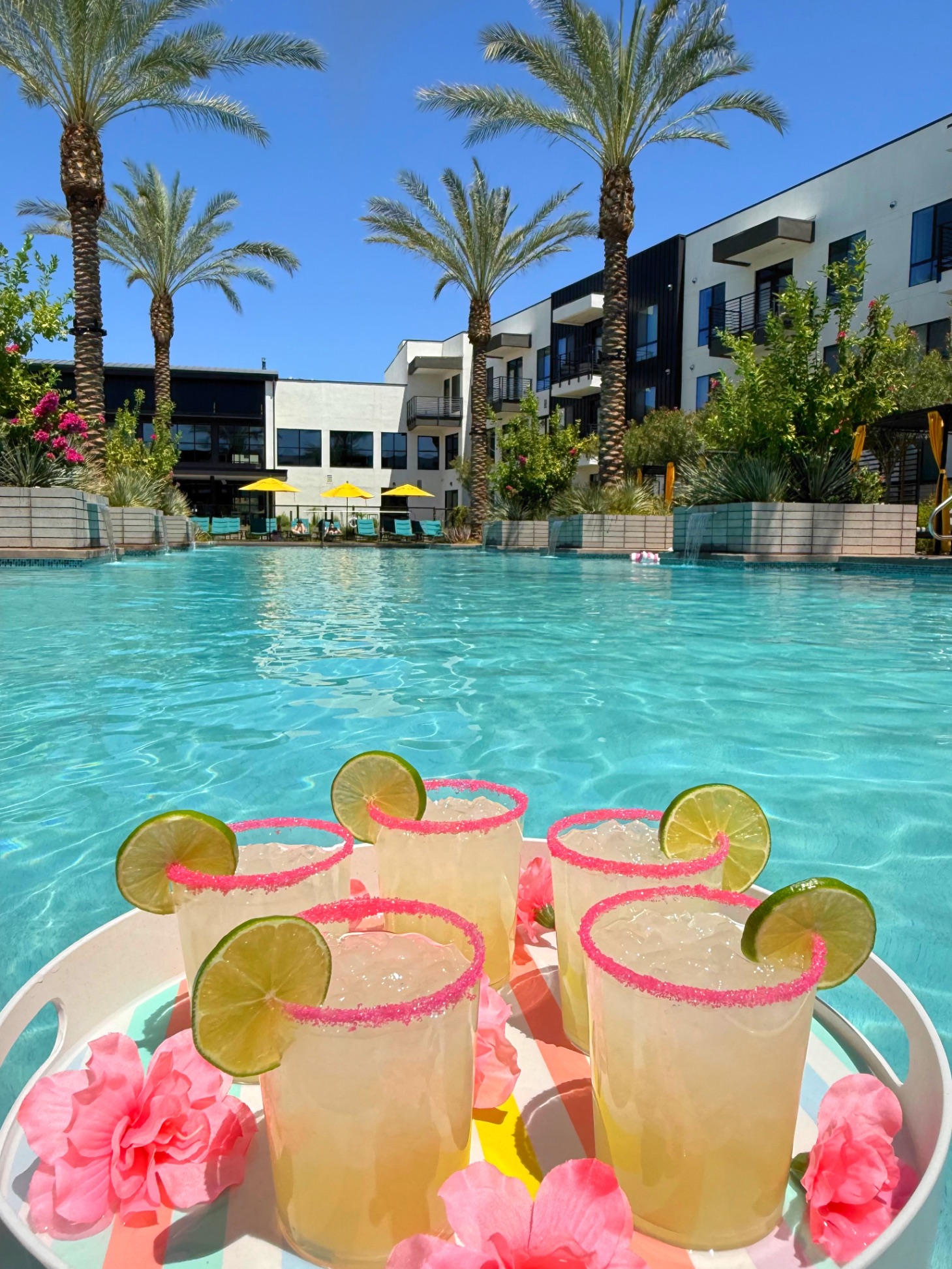 Poolside margaritas with pink sugar rim and florals